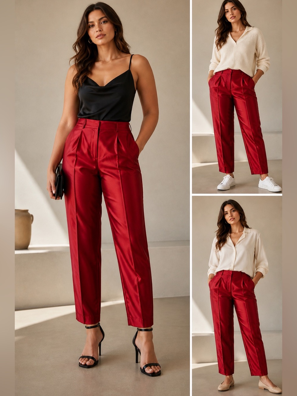 Kate Hill NWT Women's 8P 100% Silk Trousers Pants Deep Crimson Red Luxe Satin